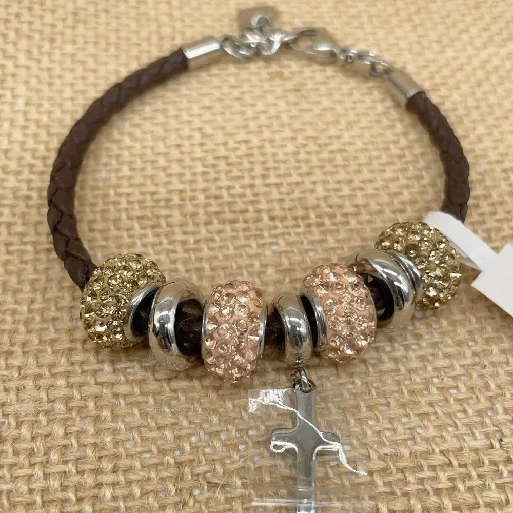 Brown Leather Bracelet Crystal Beads Stainless Steel Cross Polished Spacers 7.5 - Picture 2 of 6